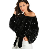 Pearl Asymmetric Shoulder Velvet Sweatshirt