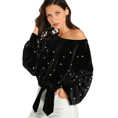 Pearl Asymmetric Shoulder Velvet Sweatshirt
