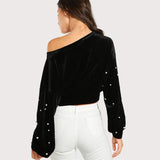Pearl Asymmetric Shoulder Velvet Sweatshirt