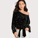 Pearl Asymmetric Shoulder Velvet Sweatshirt